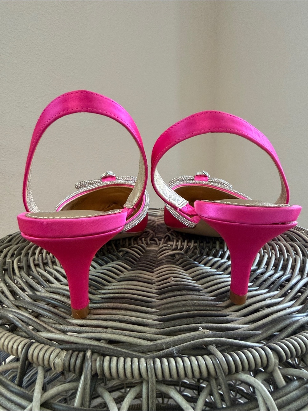Lilly Pulitzer Hot Pink Satin Slingback Heels with Crystal Bow - Picture 5 of 12